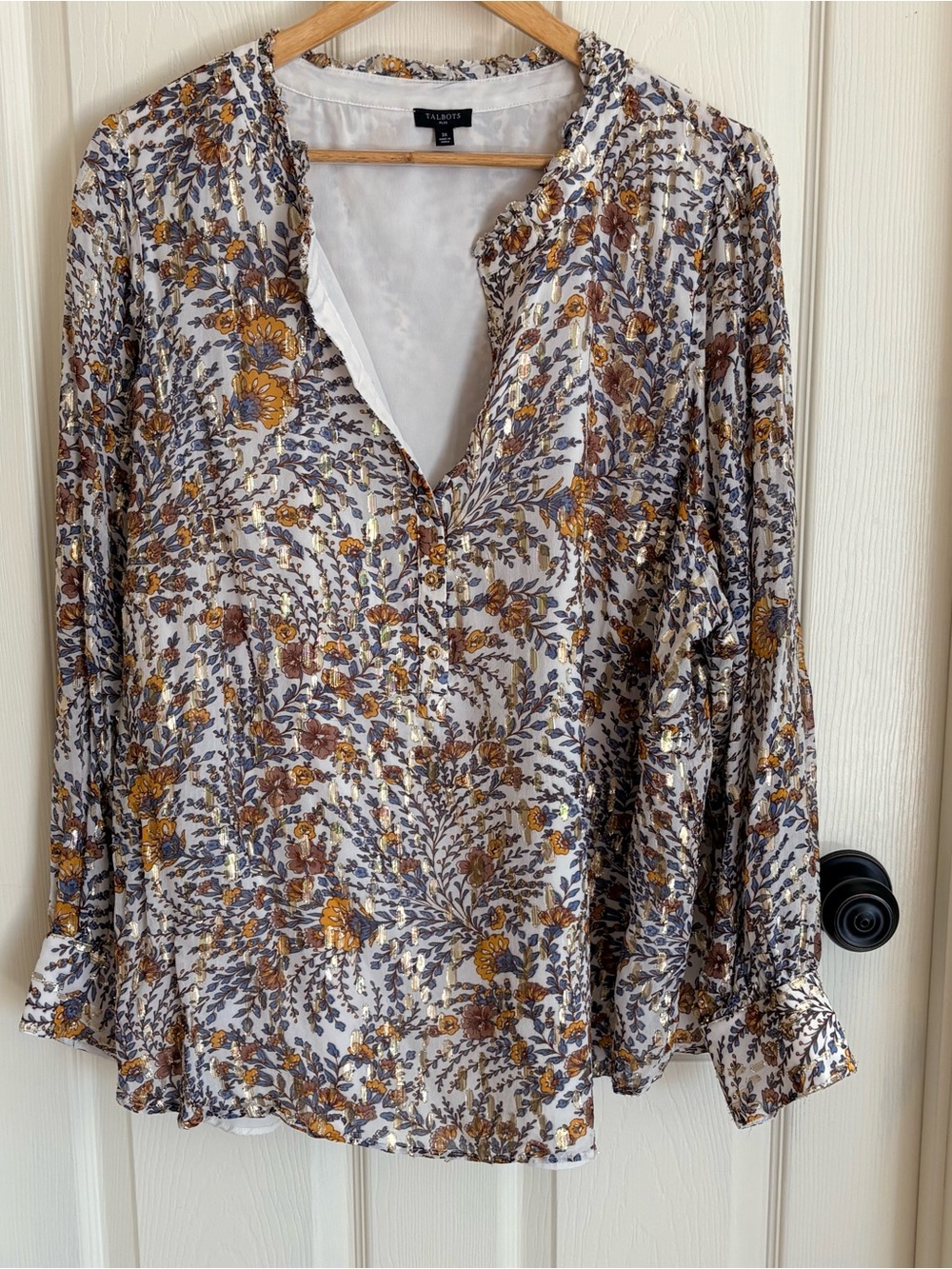 Talbots Cream Floral V-Neck Long Sleeve Blouse with Mustard & Brown Accents